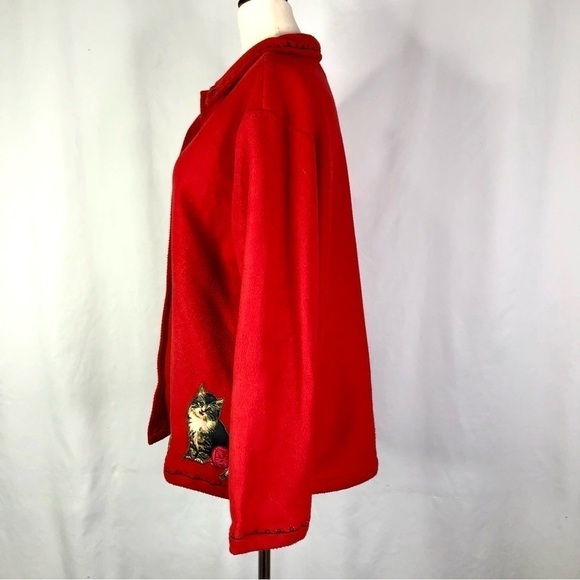 VINTAGE Take Two fleece shirt jacket button front cat applique red M - Picture 8 of 11